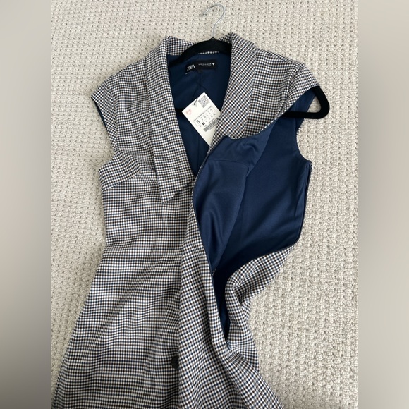 Zara NWT navy and brown mini houndstooth checkered lapel collar dress - Picture 6 of 9
